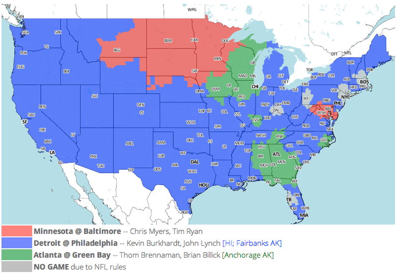 Illustration for article titled Which TV Market's Getting Screwed Today? Your Week 14 NFL Viewing Maps